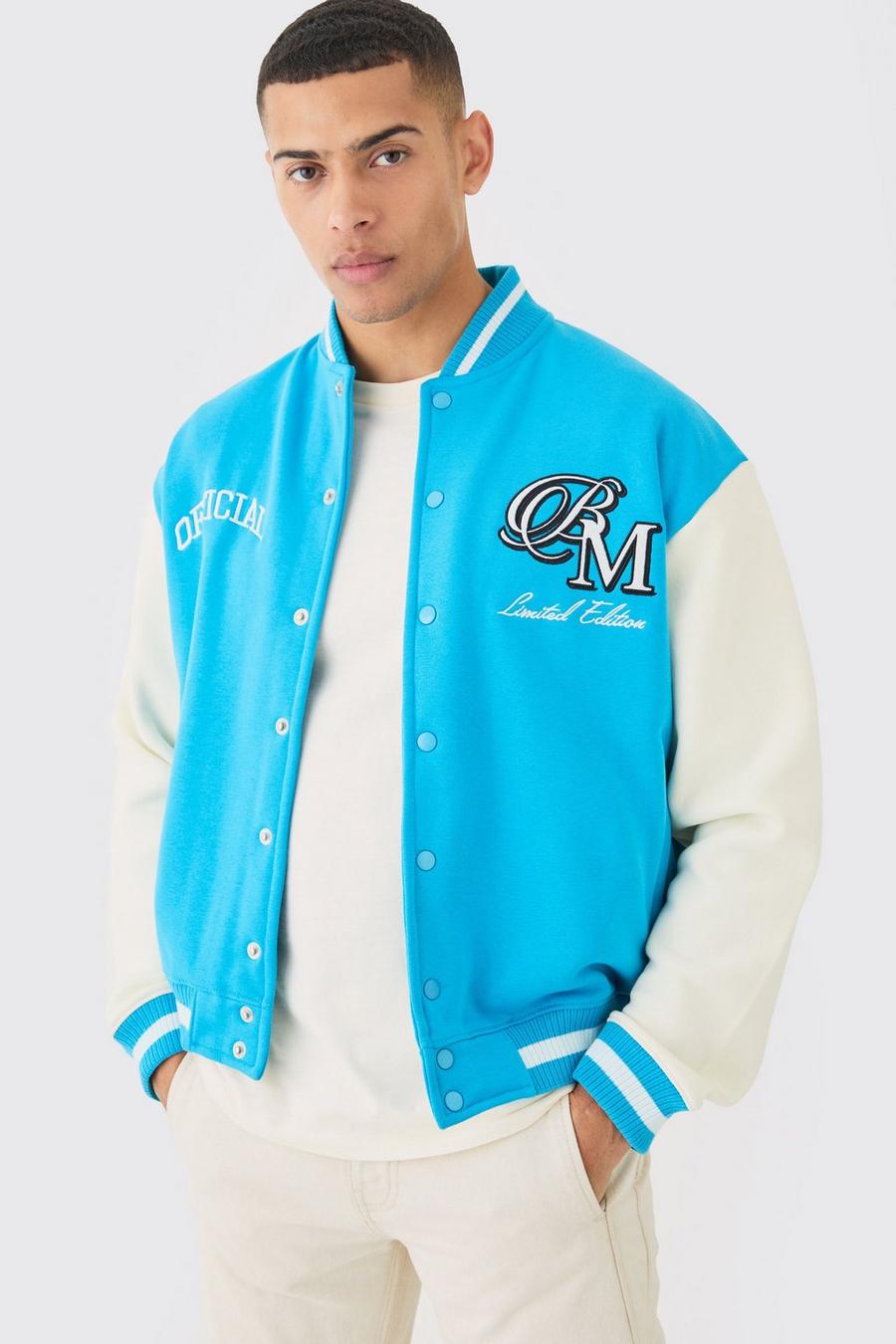 Giacca Bomber squadrata oversize in jersey con applique stile Varsity, Blue image number 1