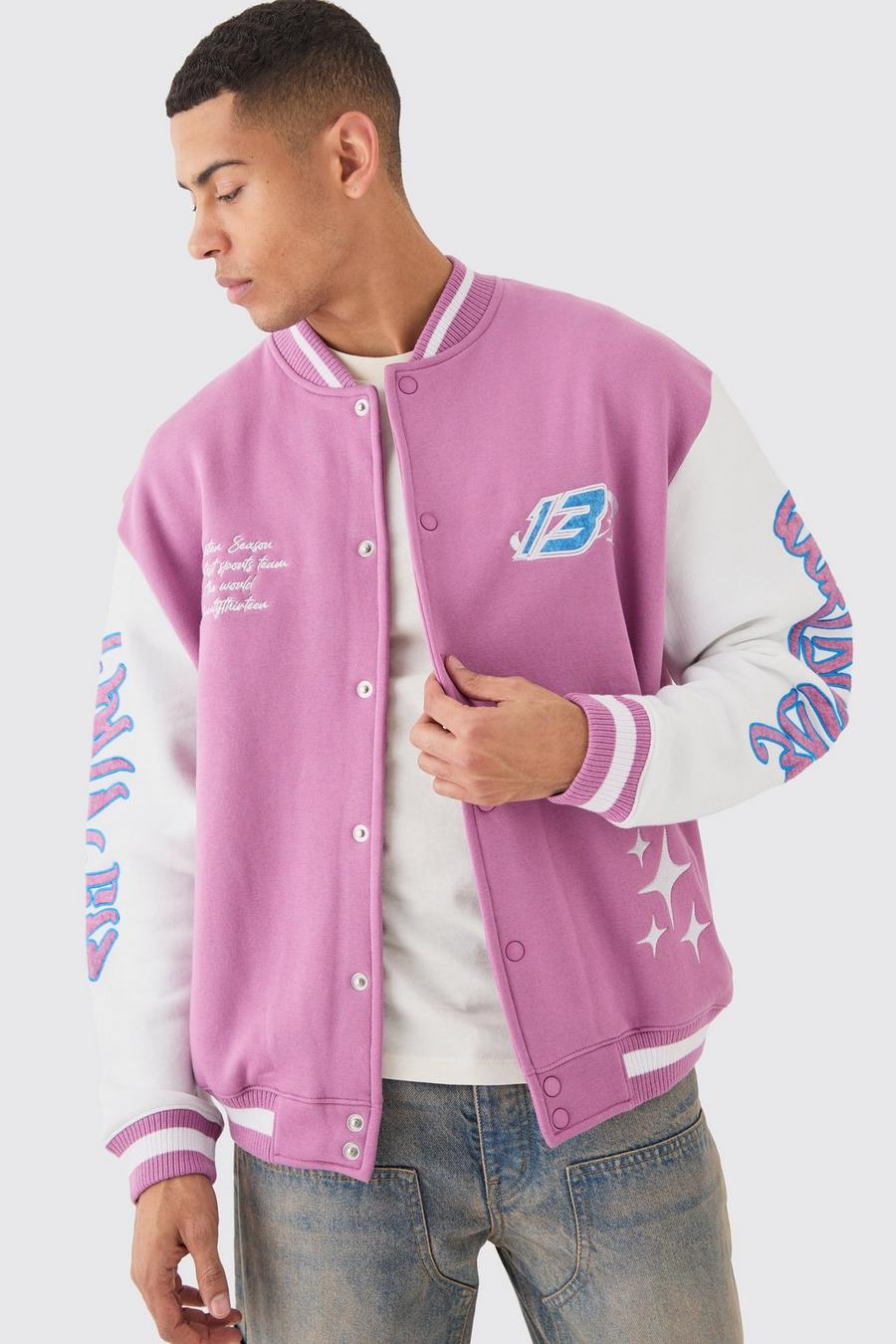 Pink Oversized Worldwide Applique Jersey Bomber Jacket