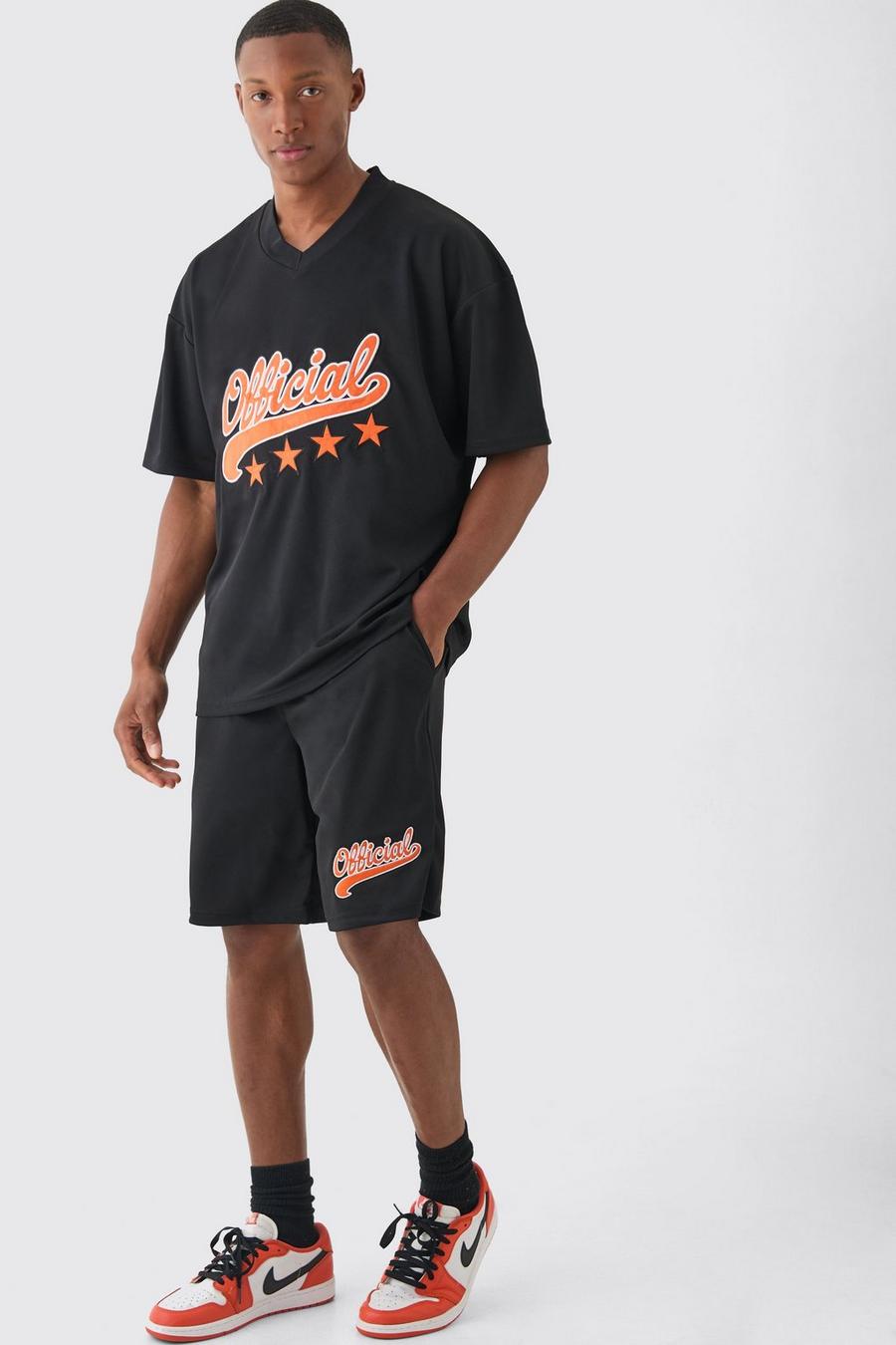 Conjunto oversize Official de malla con pantalón corto de baloncesto y top universitario, Black image number 1
