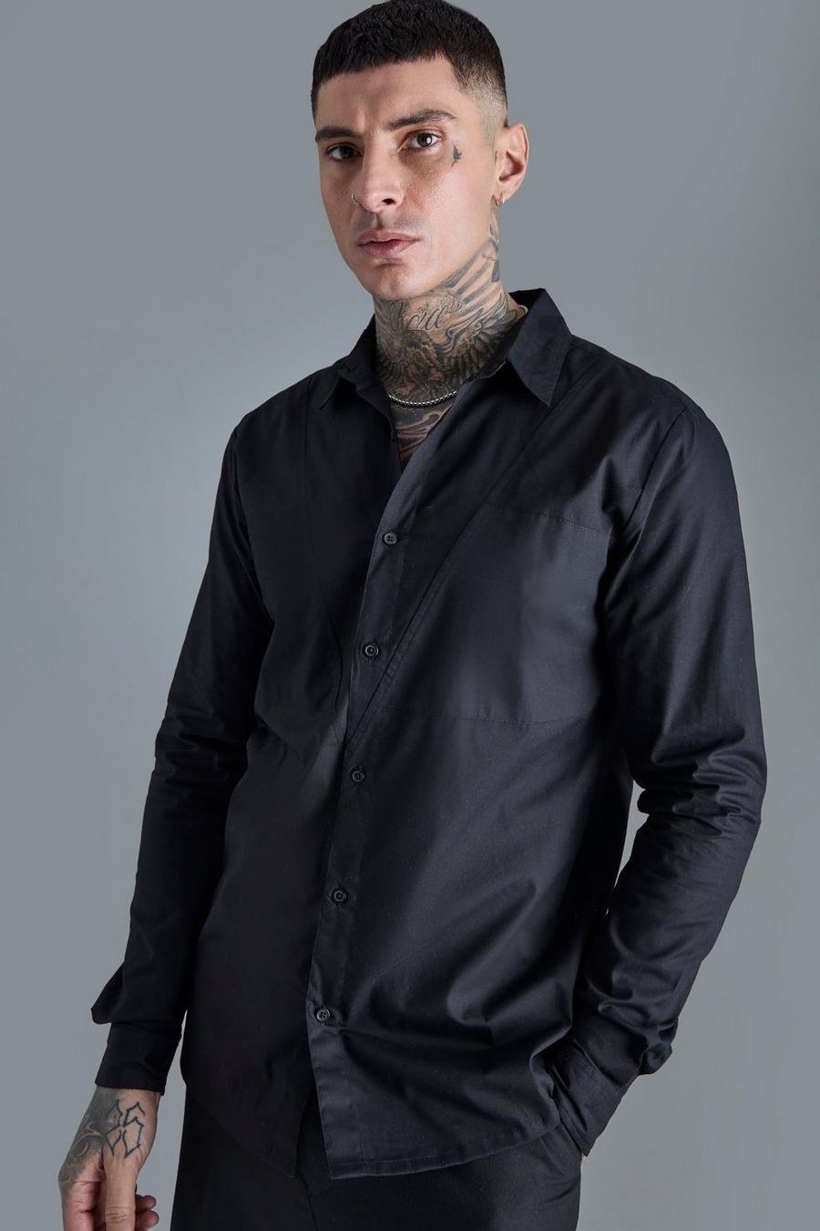 Black Tall Longsleeve Drop Revere Poplin Panel Shirt