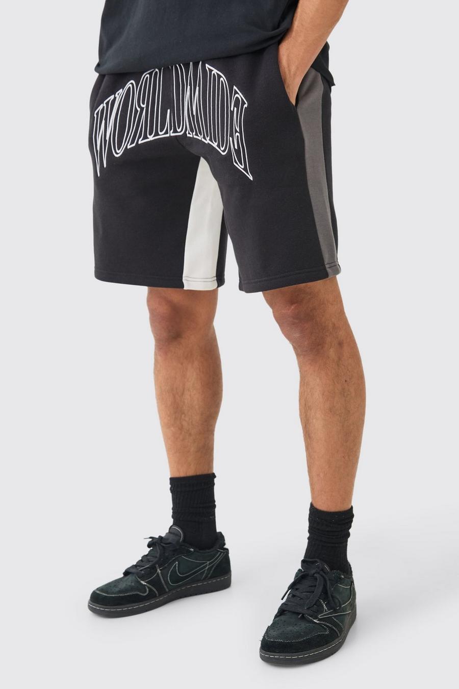 Pantaloncini oversize Worldwide con cuciture a contrasto e inserti, Black image number 1