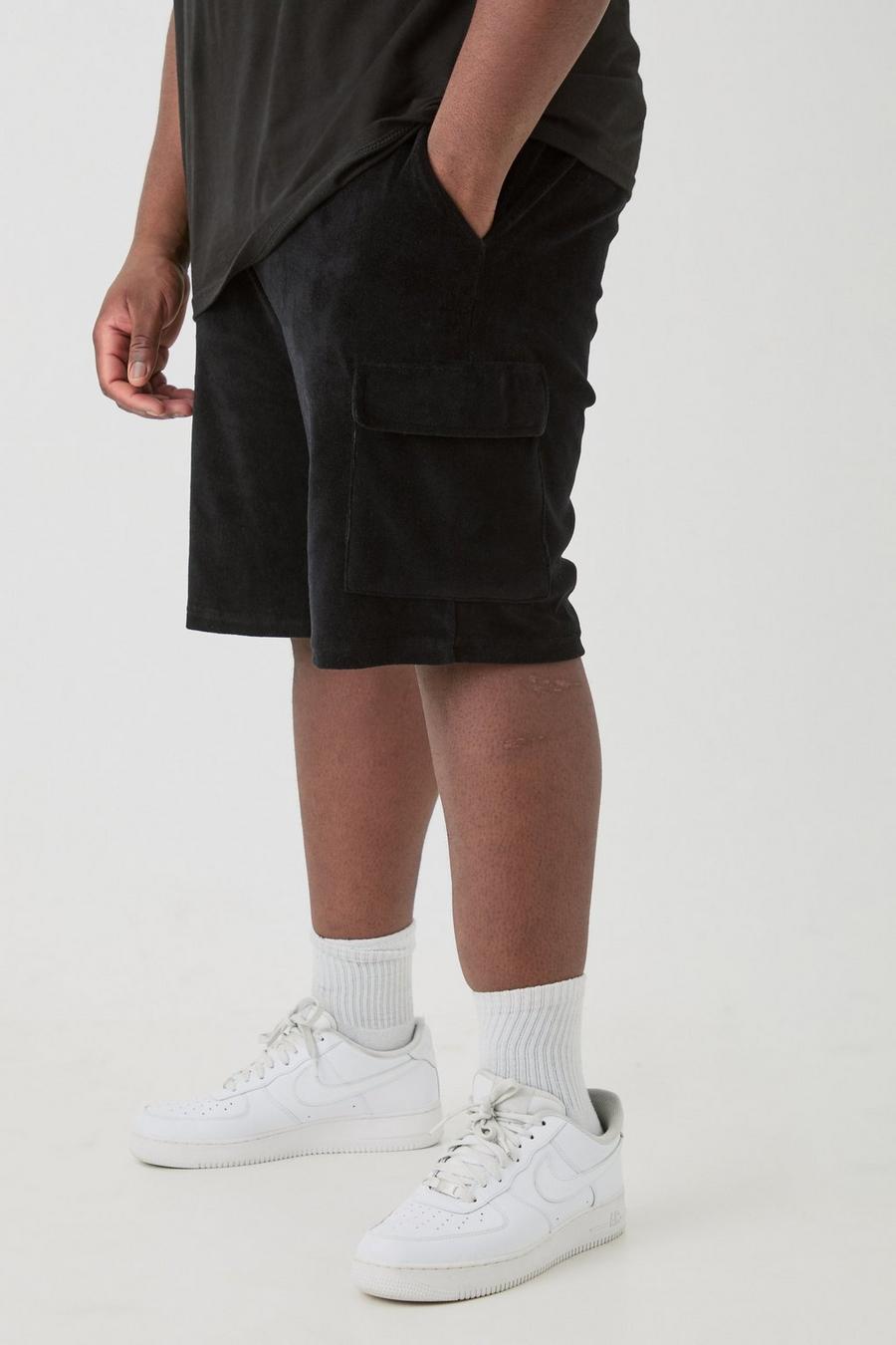 Plus Velour Cargo-Shorts mit elastischem Bund, Black image number 1