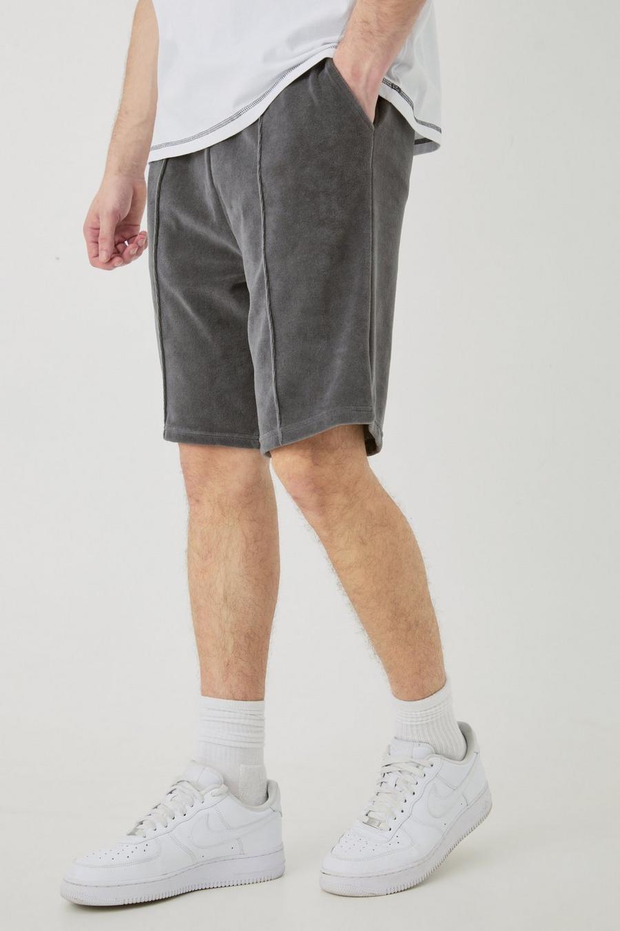 Grey Tall Elasticated Waist Pintuck Velour Shorts