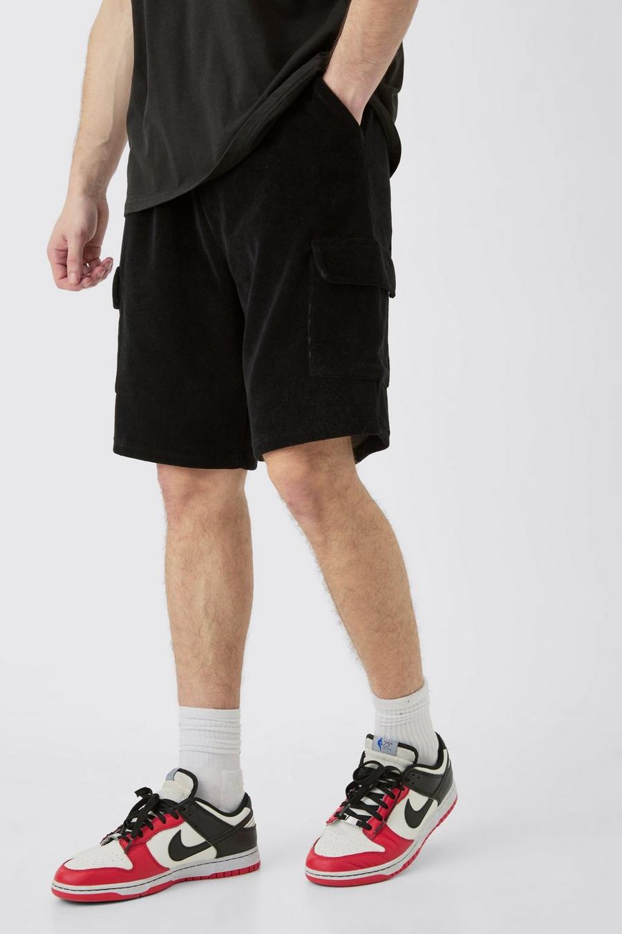 Tall Velour Cargo-Shorts mit elastischem Bund, Black
