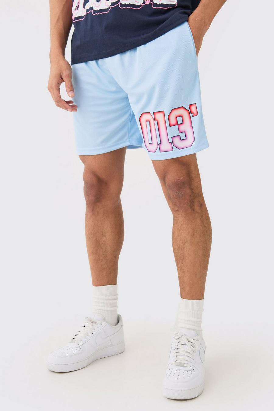 Mesh Printed Side Basketball Short, Aqua