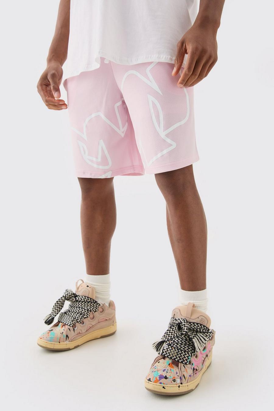Pantalón corto de baloncesto de malla con estampado, Pink