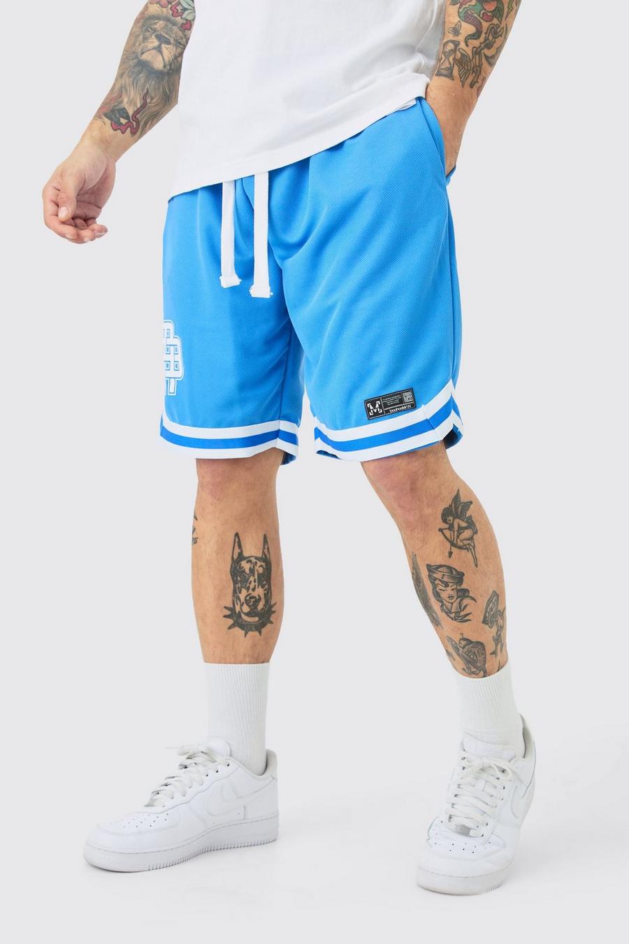 Pantalones cortos de malla estilo baloncesto con cinta y etiqueta de tela, Cobalt