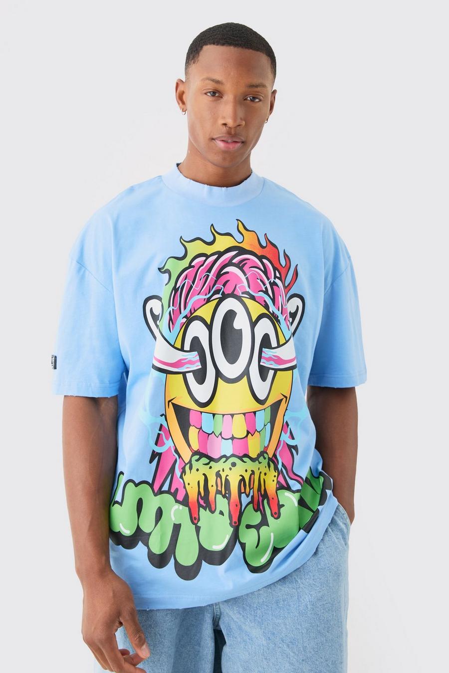 T-shirt oversize con grafica di Smiley rosicchiato, Light blue