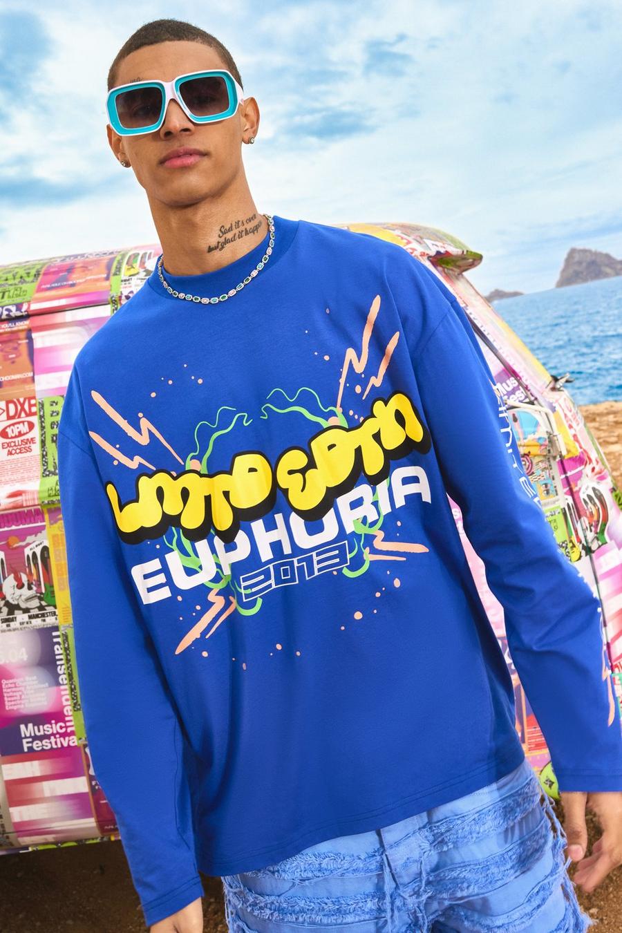 Long Sleeve Euphoria Graphic T-shirt, Cobalt