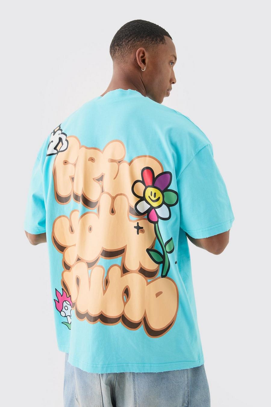 T-shirt oversize effetto smagliato con stampa di fiori a caratteri arrotondati, Turquoise image number 1