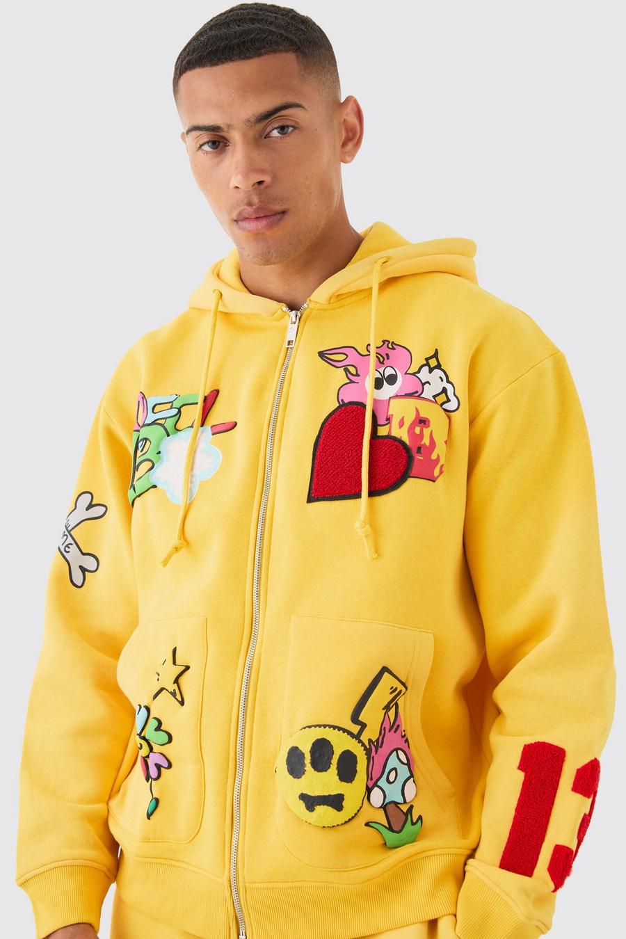 Yellow Oversized Zip Through Embroidered Spray Hoodie image number 1