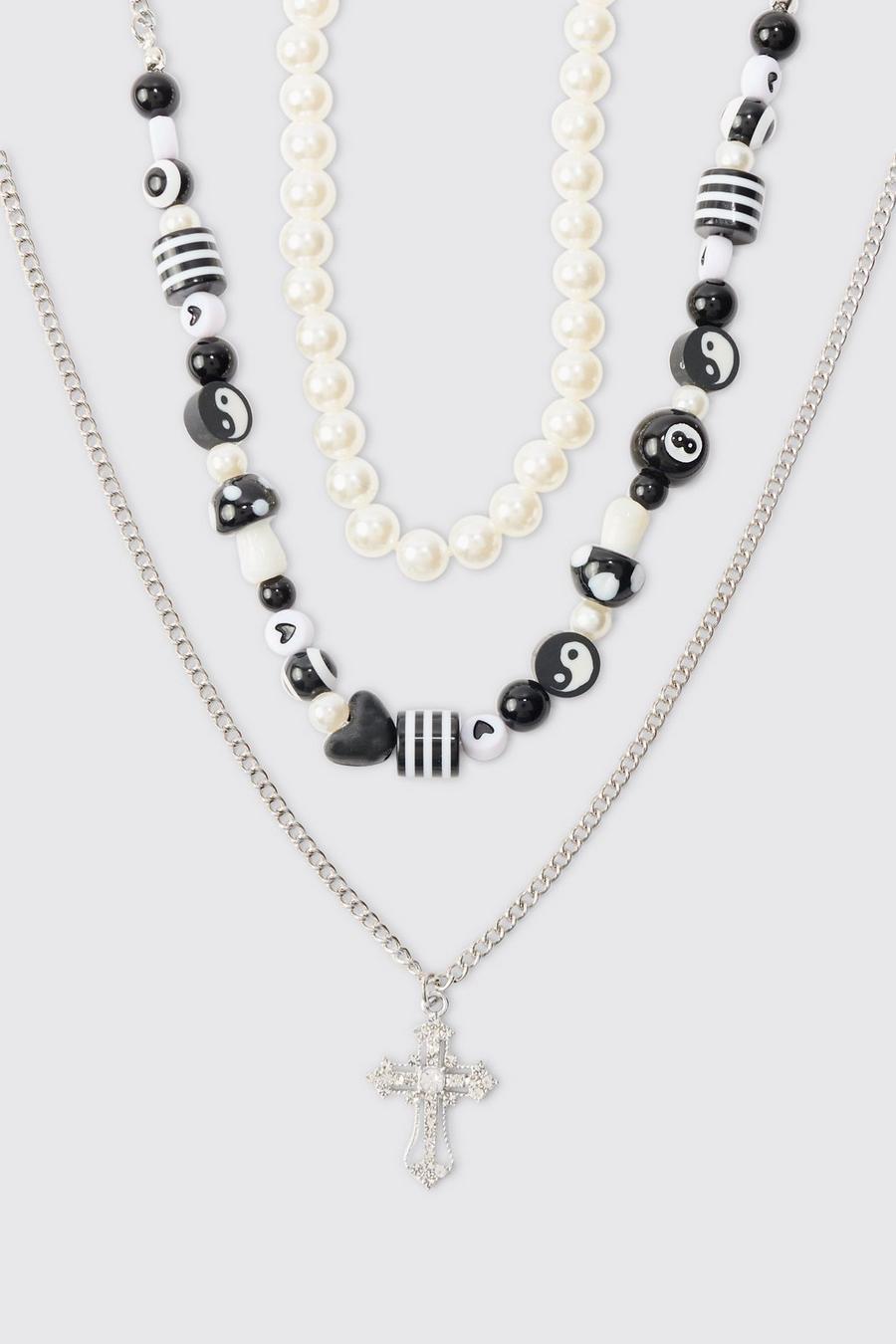3 Pack Beaded Necklace With Cross Pendant In Silver