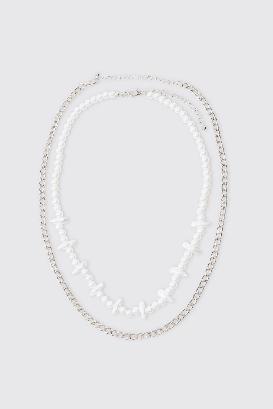 Pack de 2 collares plateados con perlas y cadena metálica, Silver