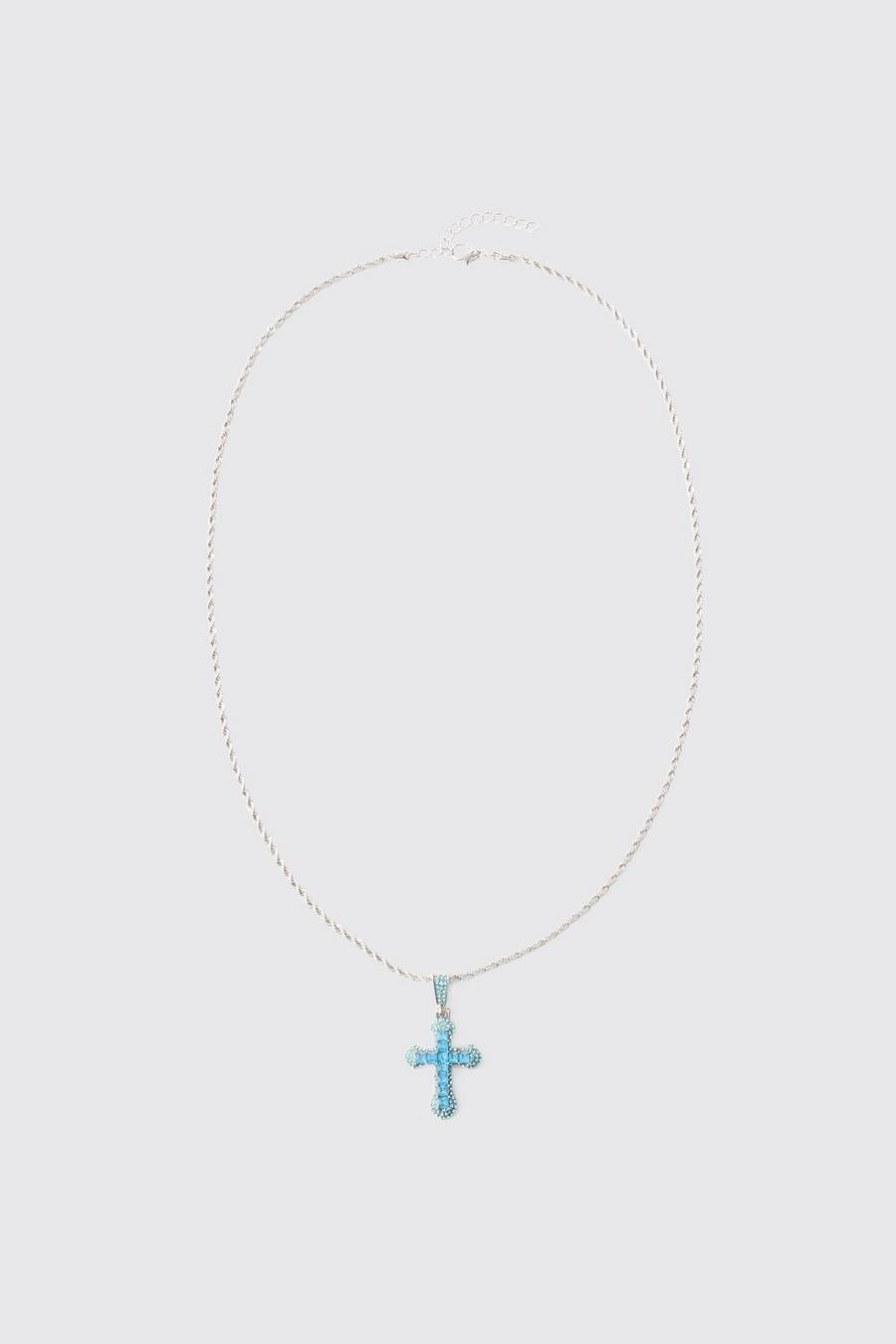 Iced Cross Pendant Necklace In Blue