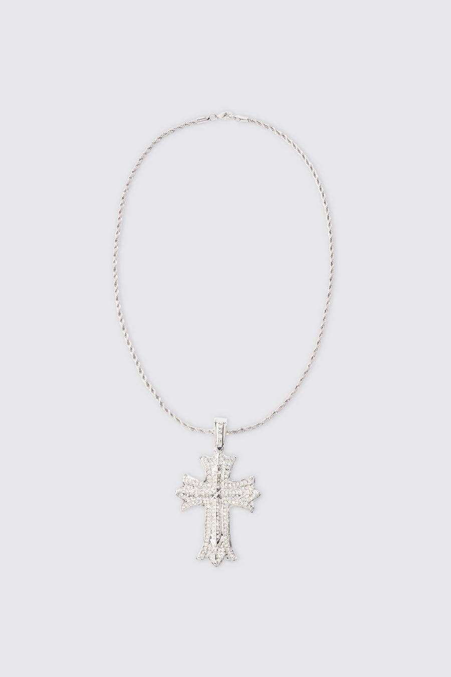 Iced Gothic Cross Pendant Necklace In Silver image number 1