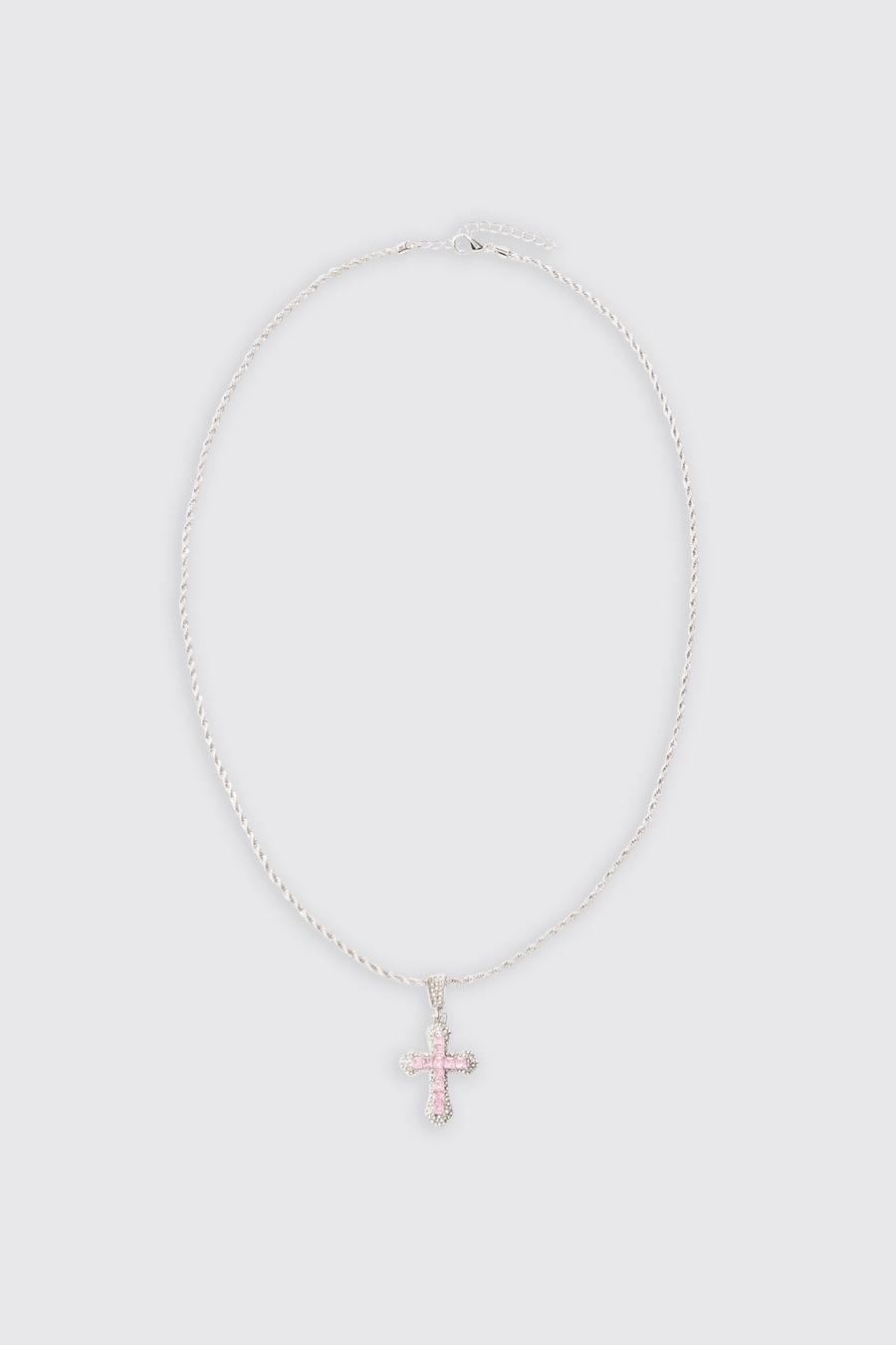 Iced Cross Pendant Necklace In Pink image number 1