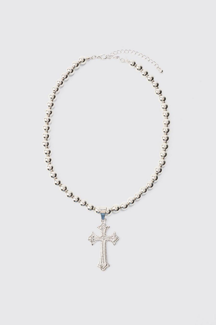 Beaded Cross Necklace In Silver
