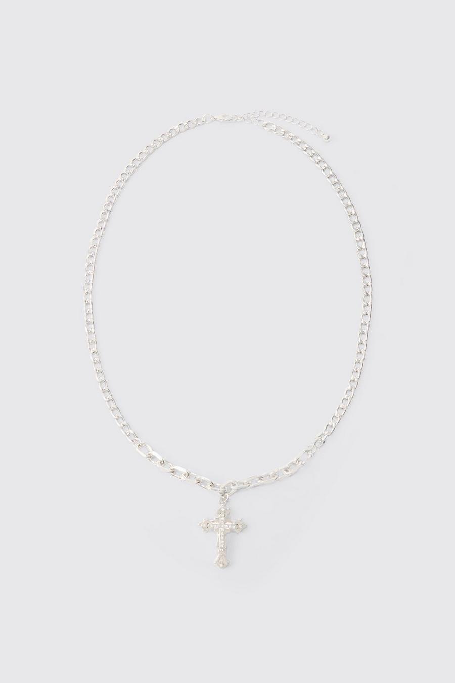 Silberne Kreuz-Halskette mit Ketten-Detail, Silver