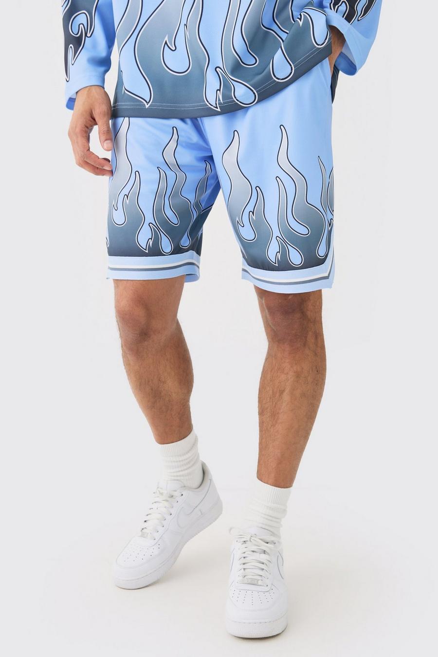 Pantalón corto de baloncesto de malla con estampado gráfico de llamas, Blue