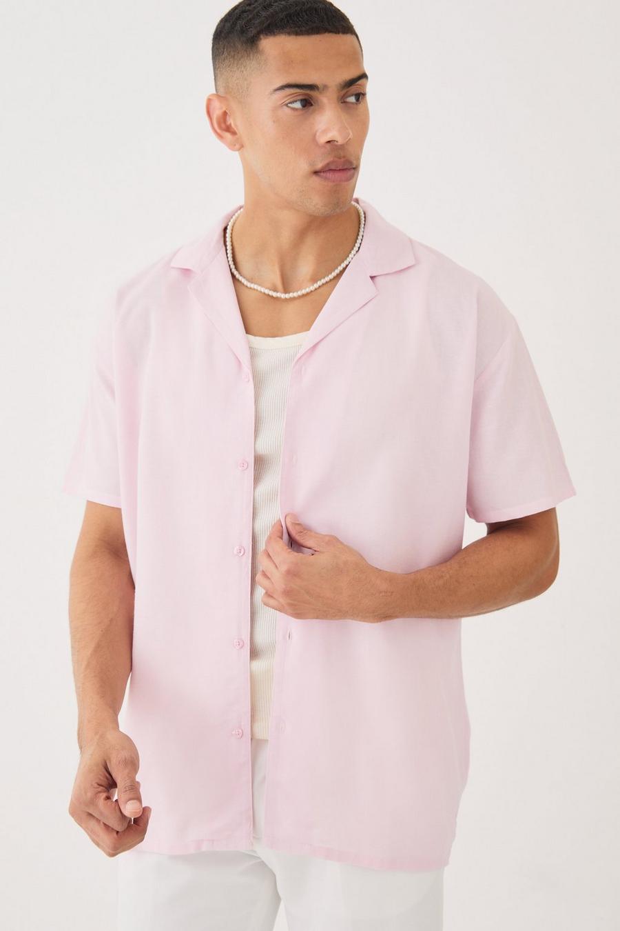Dusty pink Oversized Linnen Overhemd Met Korte Mouwen