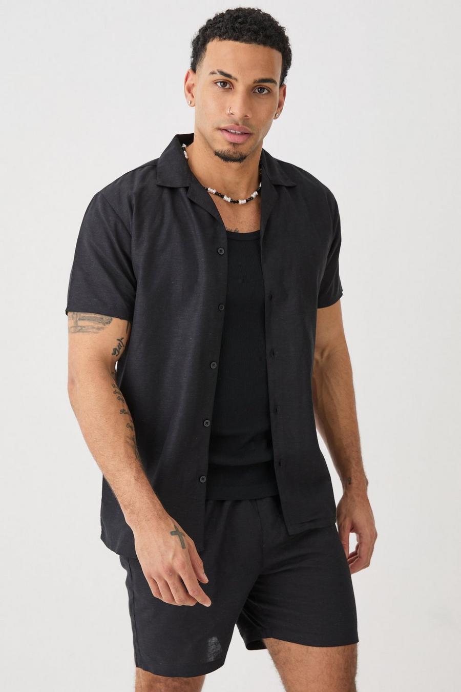 Black Short Sleeve Linen Shirt & Short 