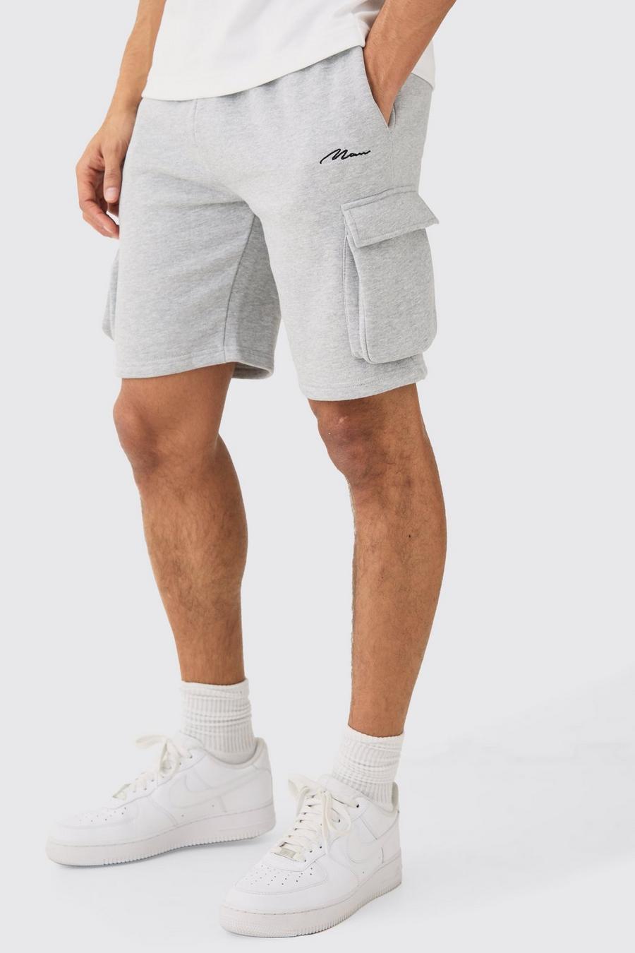 Grey marl Man Signature Middellange Baggy Cargo Shorts
