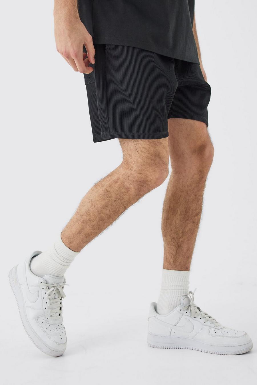 Black Elasticated Waist Pleated Drawcord Shorts