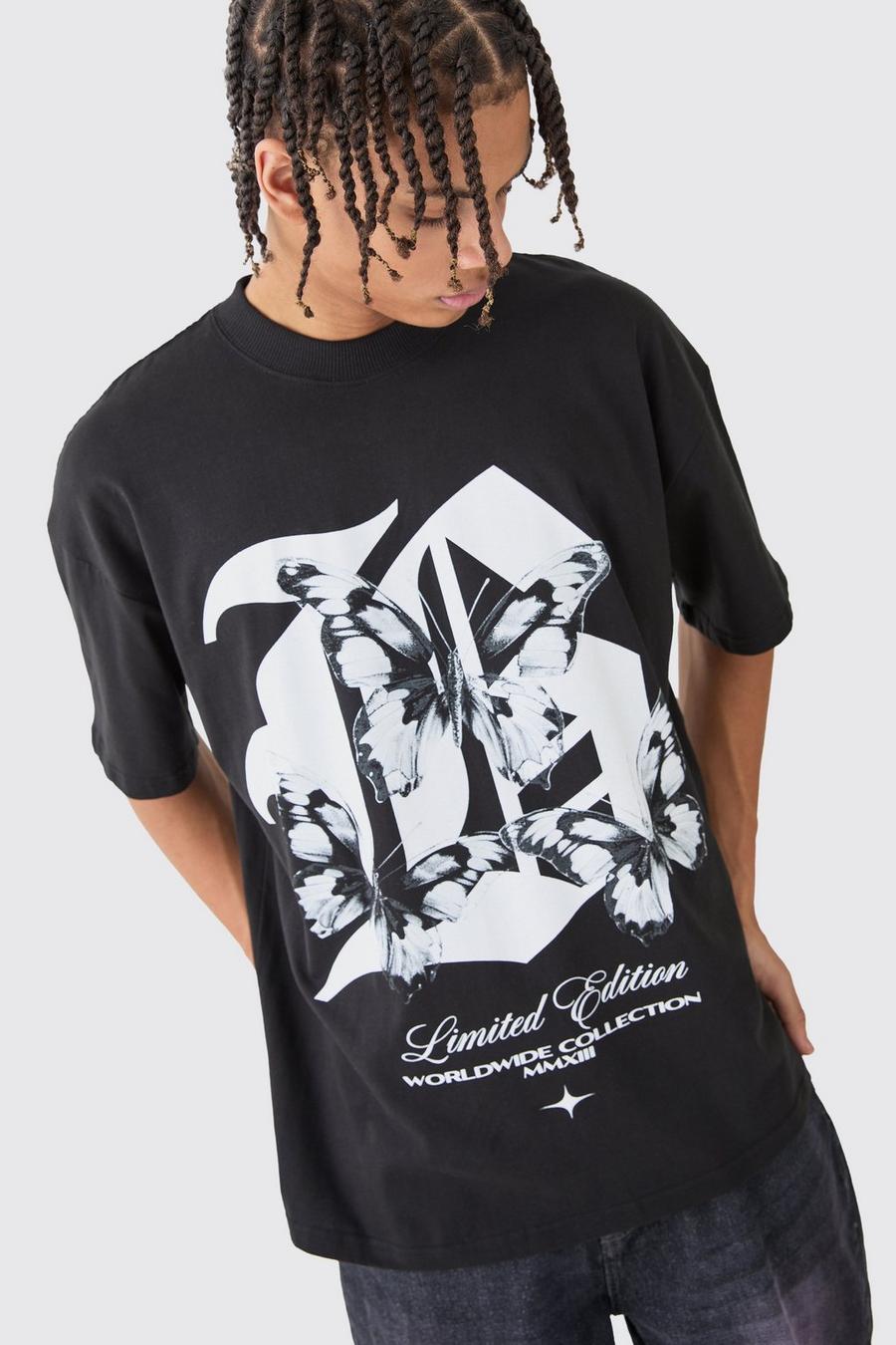 Camiseta oversize con estampado gráfico B y mariposas, Black image number 1