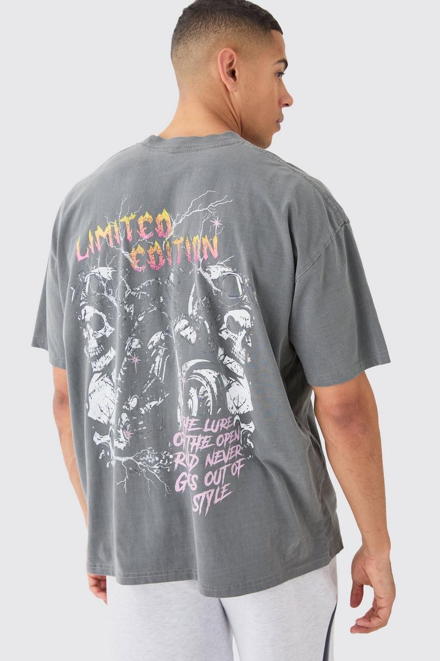 Gefärbtes Oversize T-Shirt mit Totenkopf-Print, Charcoal
