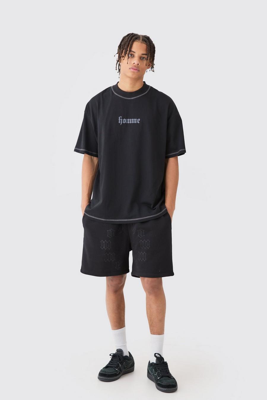 Oversize T-Shirt & Shorts mit Herz-Print und Kontrast-Naht, Black