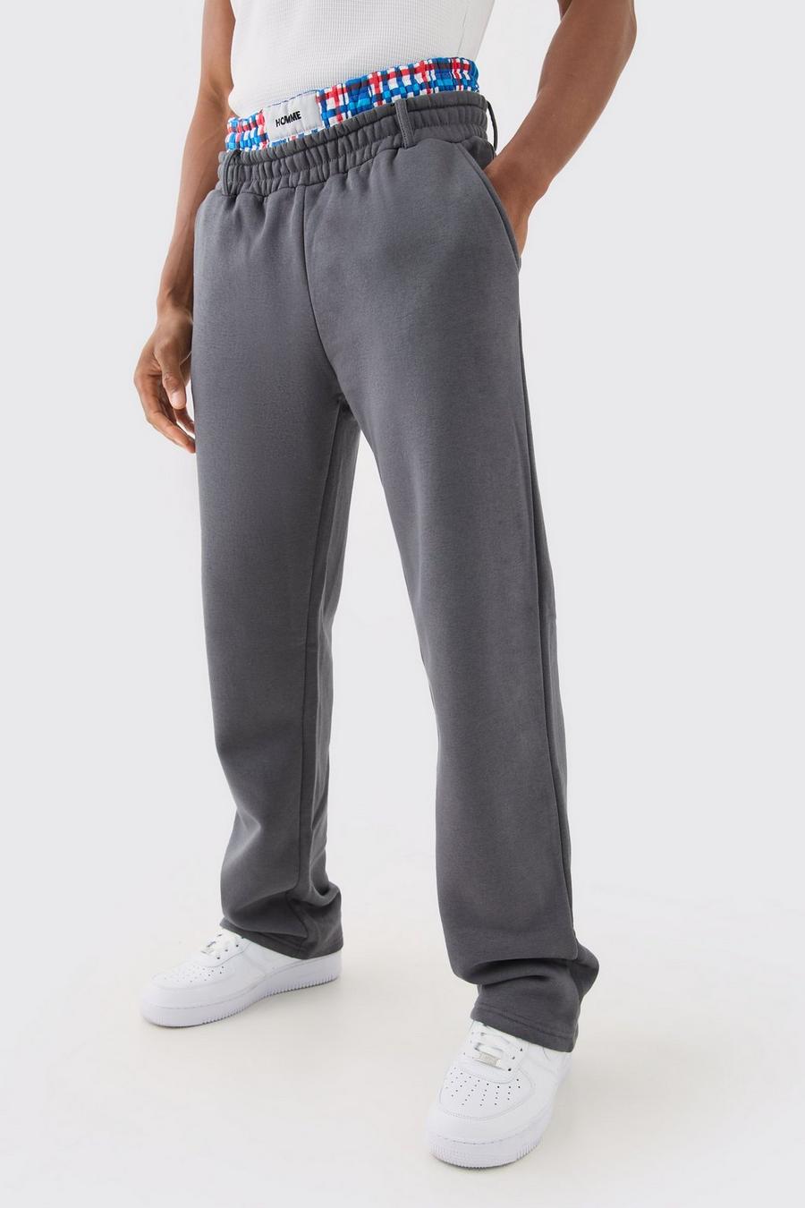 Pantalón deportivo holgado de cuadros con cintura doble, Charcoal image number 1