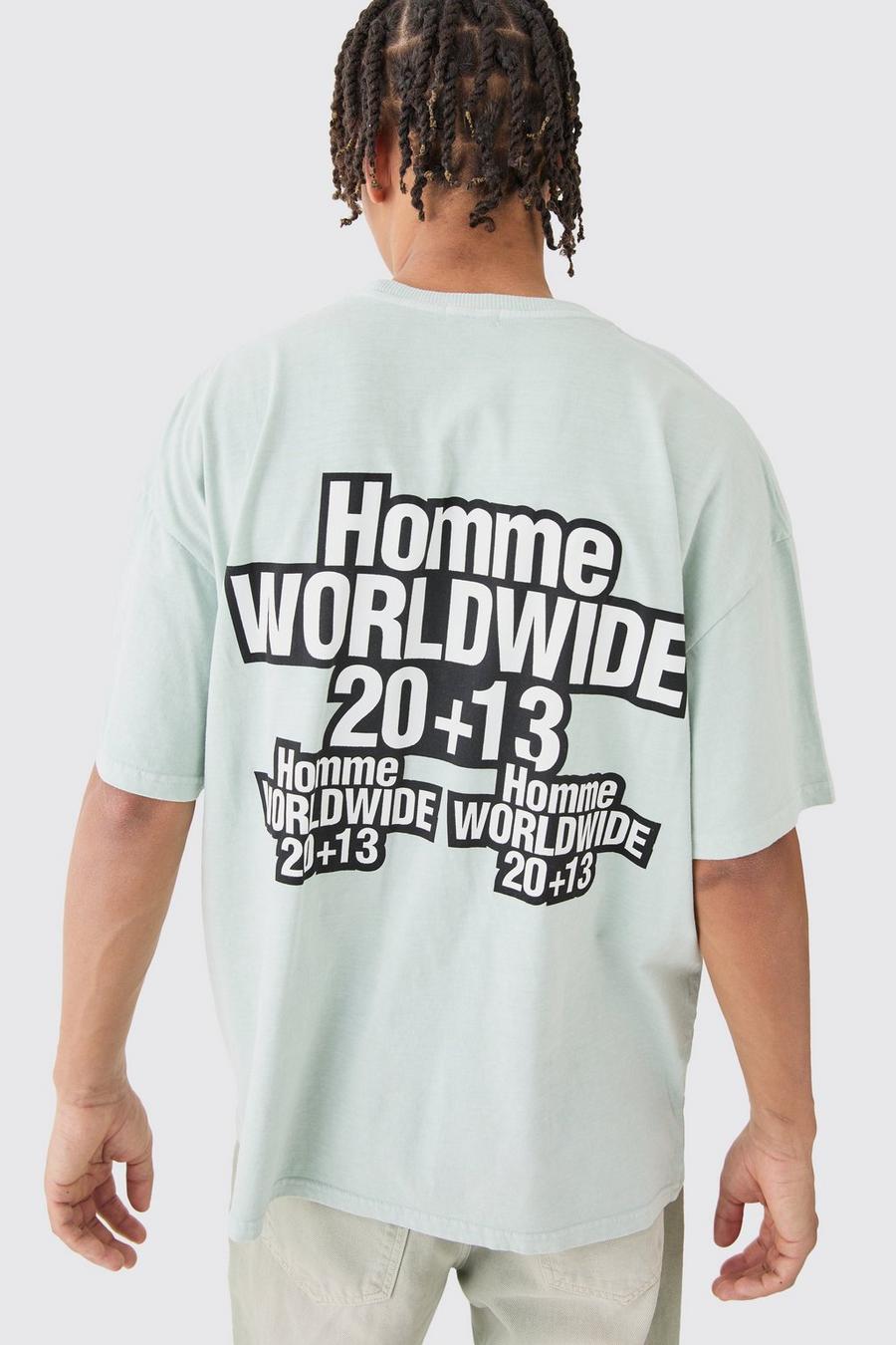 Camiseta oversize con estampado Homme Worldwide sobreteñido, Sage