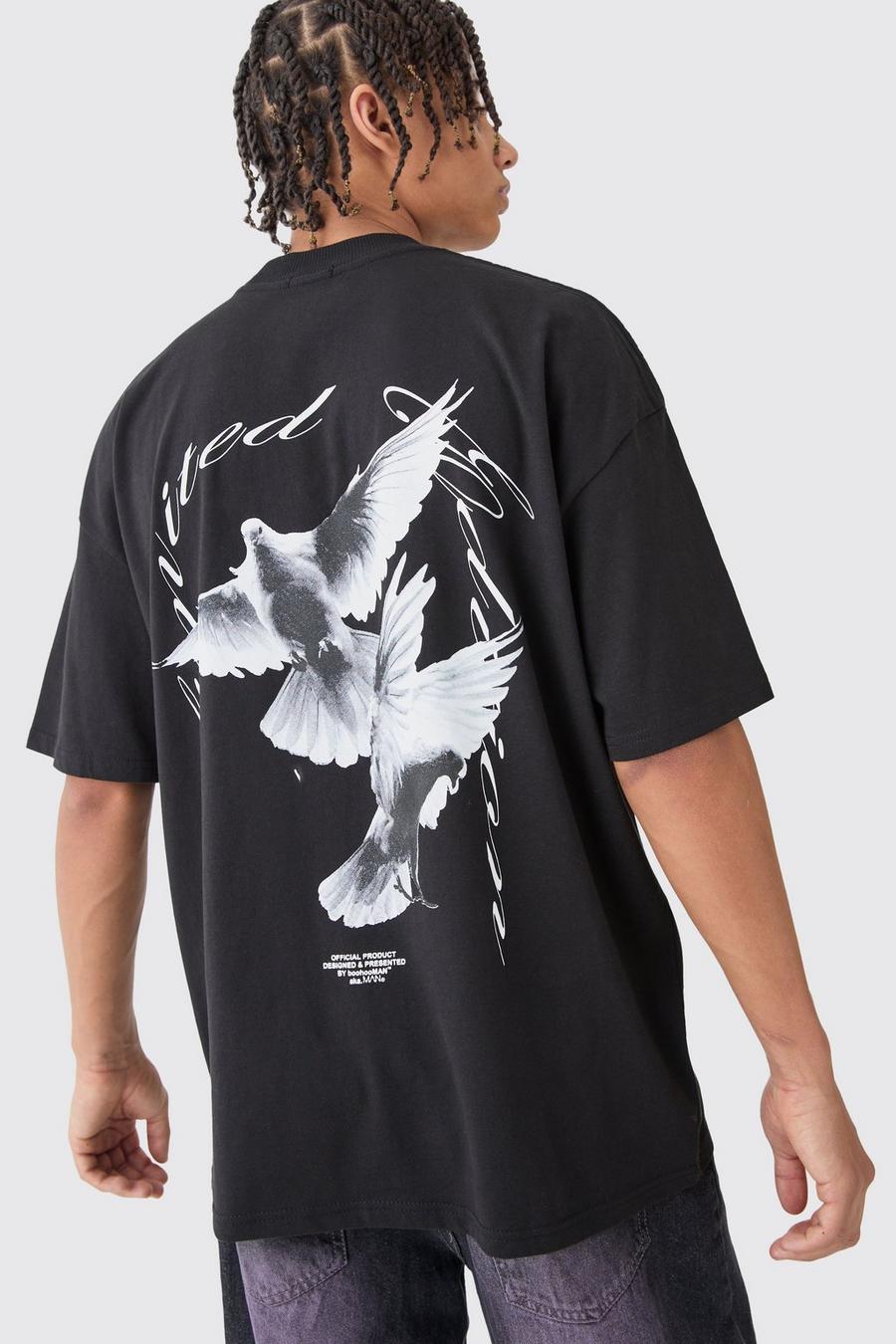 Camiseta oversize con estampado gráfico de paloma, Black
