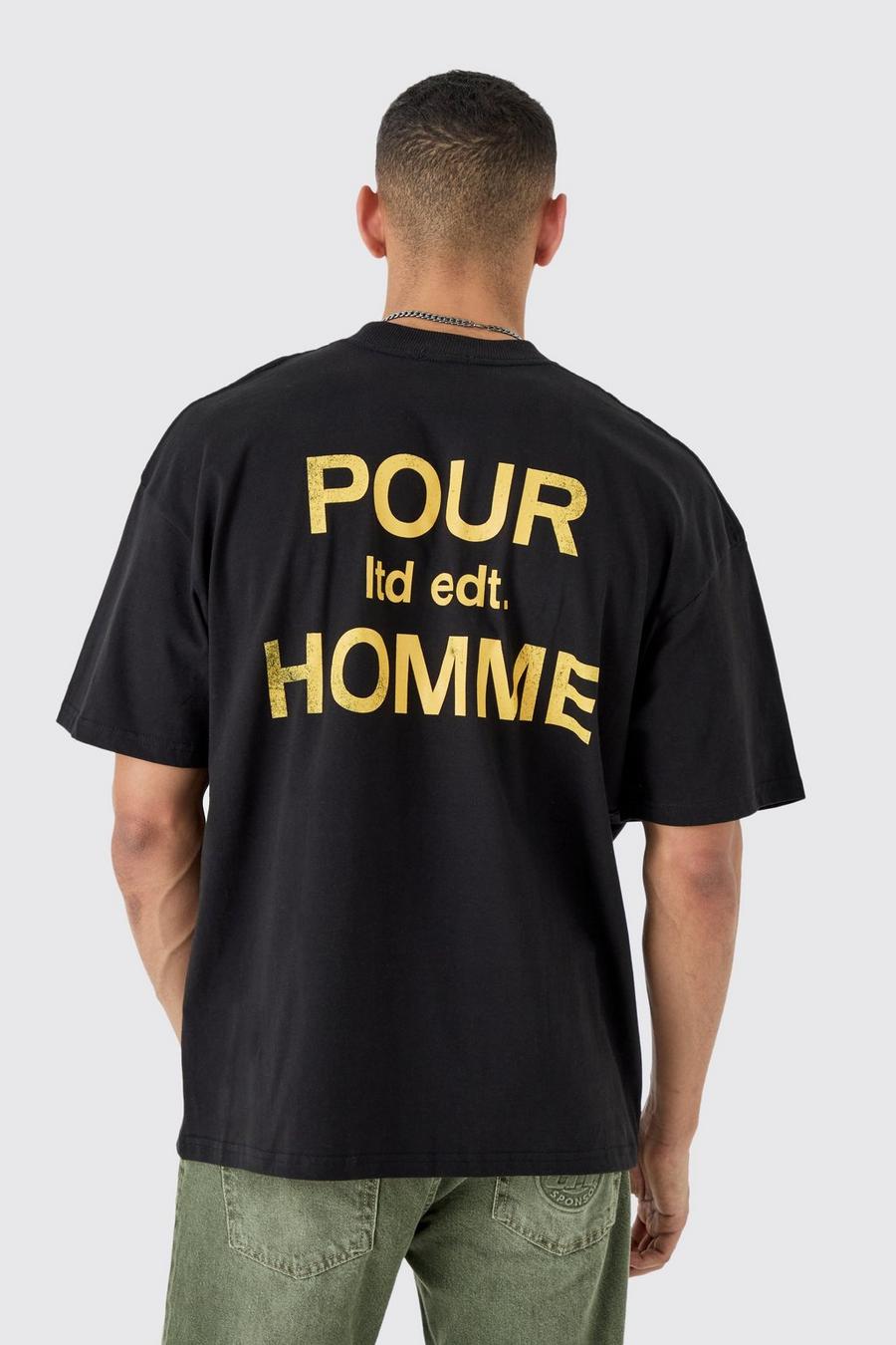 Camiseta oversize con eslogan Pour Homme, Black image number 1