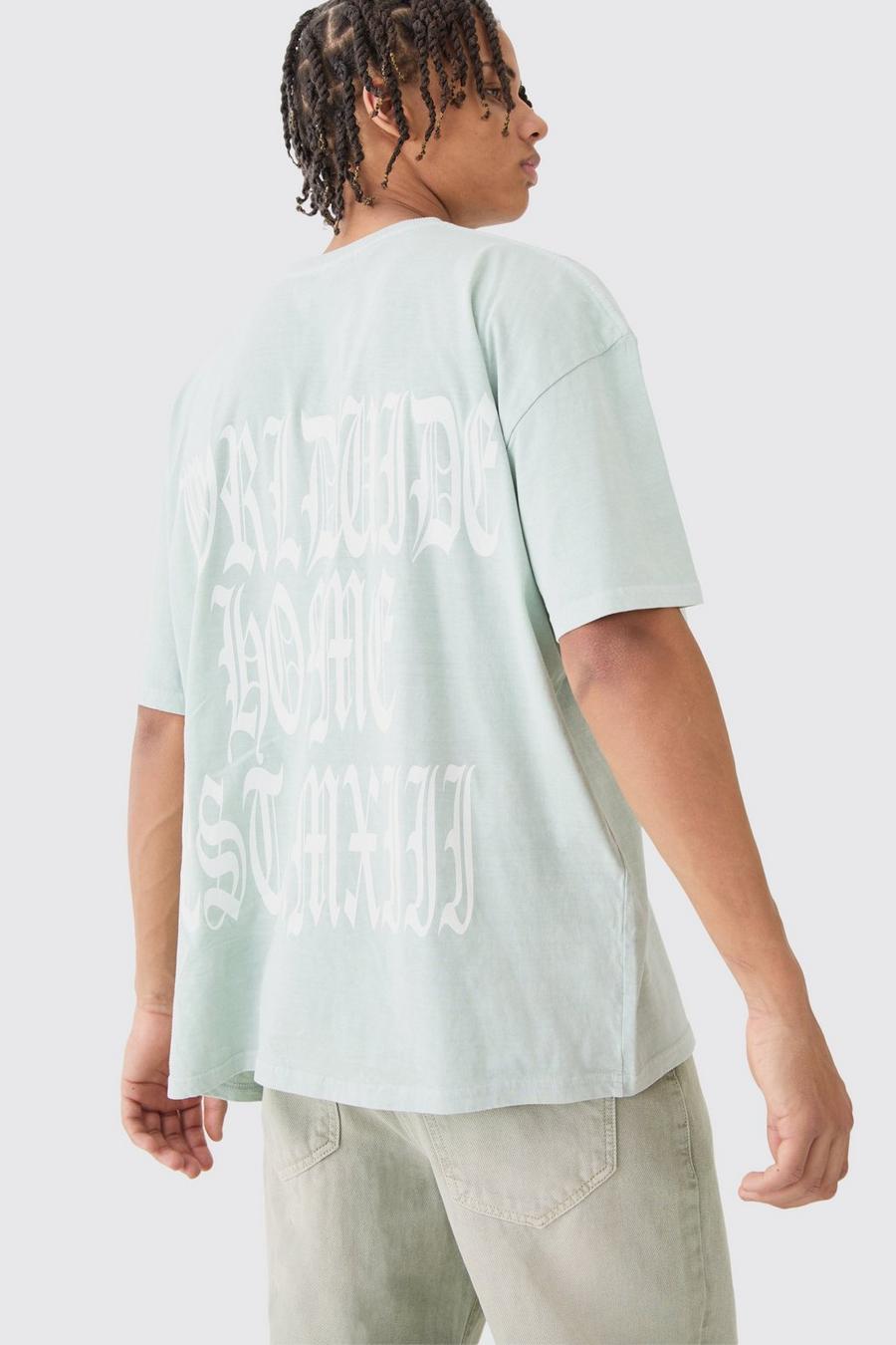 Sage Oversized Overdye Gothic T-Shirt Met Tekst
