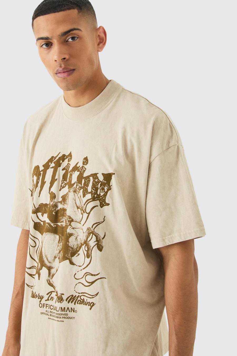 Camiseta oversize con lavado de ácido y estampado gráfico Official, Sand image number 1