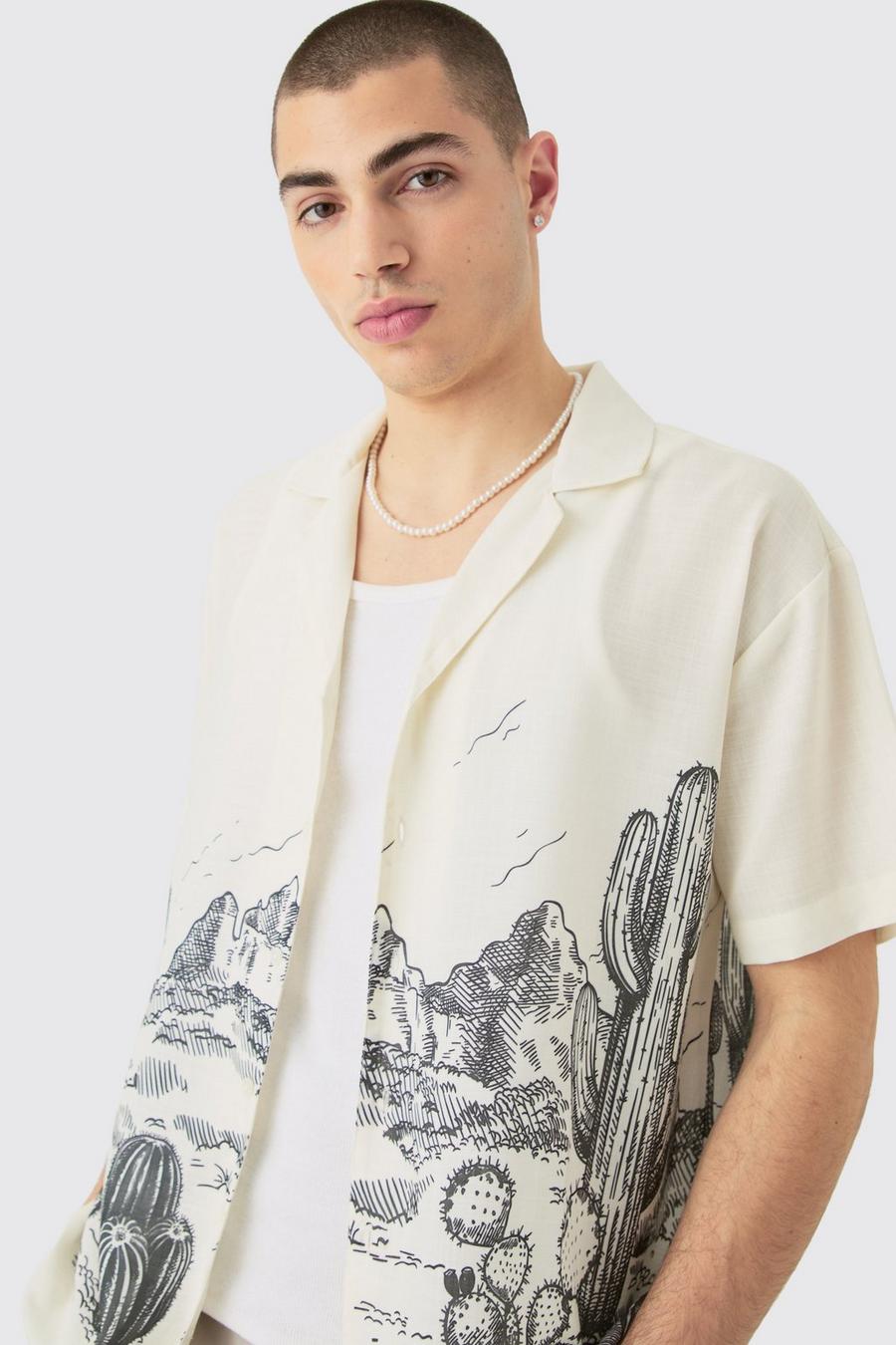 Ecru Oversized Linen Look Cactus Print Shirt  image number 1