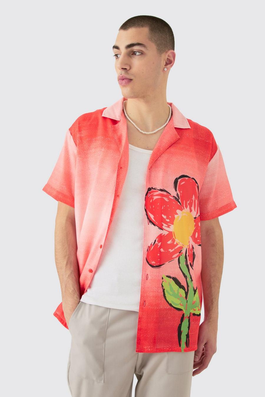 Camicia oversize effetto lino sfumato a fiori, Red