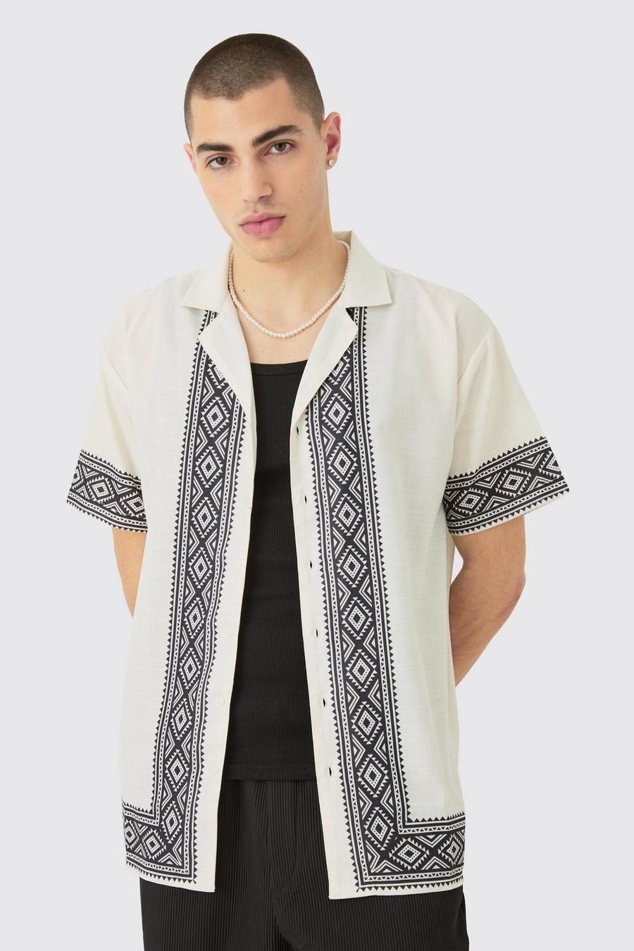 Ecru Oversized Linen Look Aztec Border Shirt 