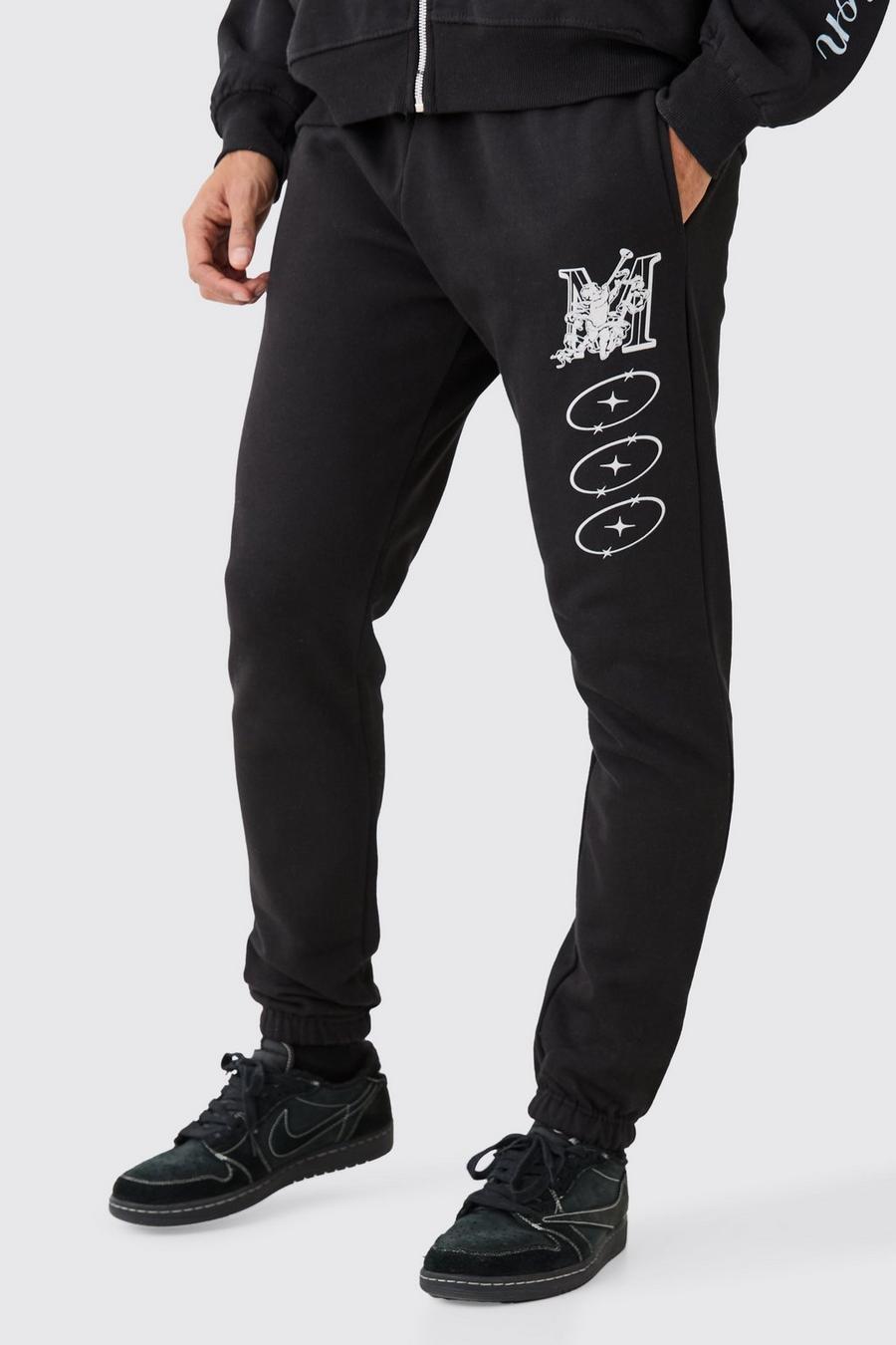 Pantalón deportivo ajustado grueso con estampado variado, Black