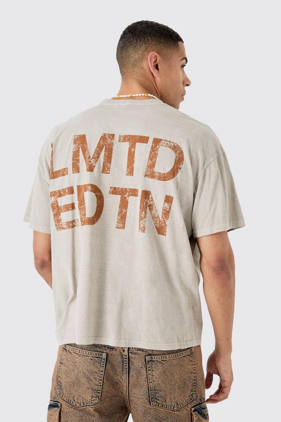 Camiseta oversize recta sobreteñida con estampado Lmtd, Taupe image number 1