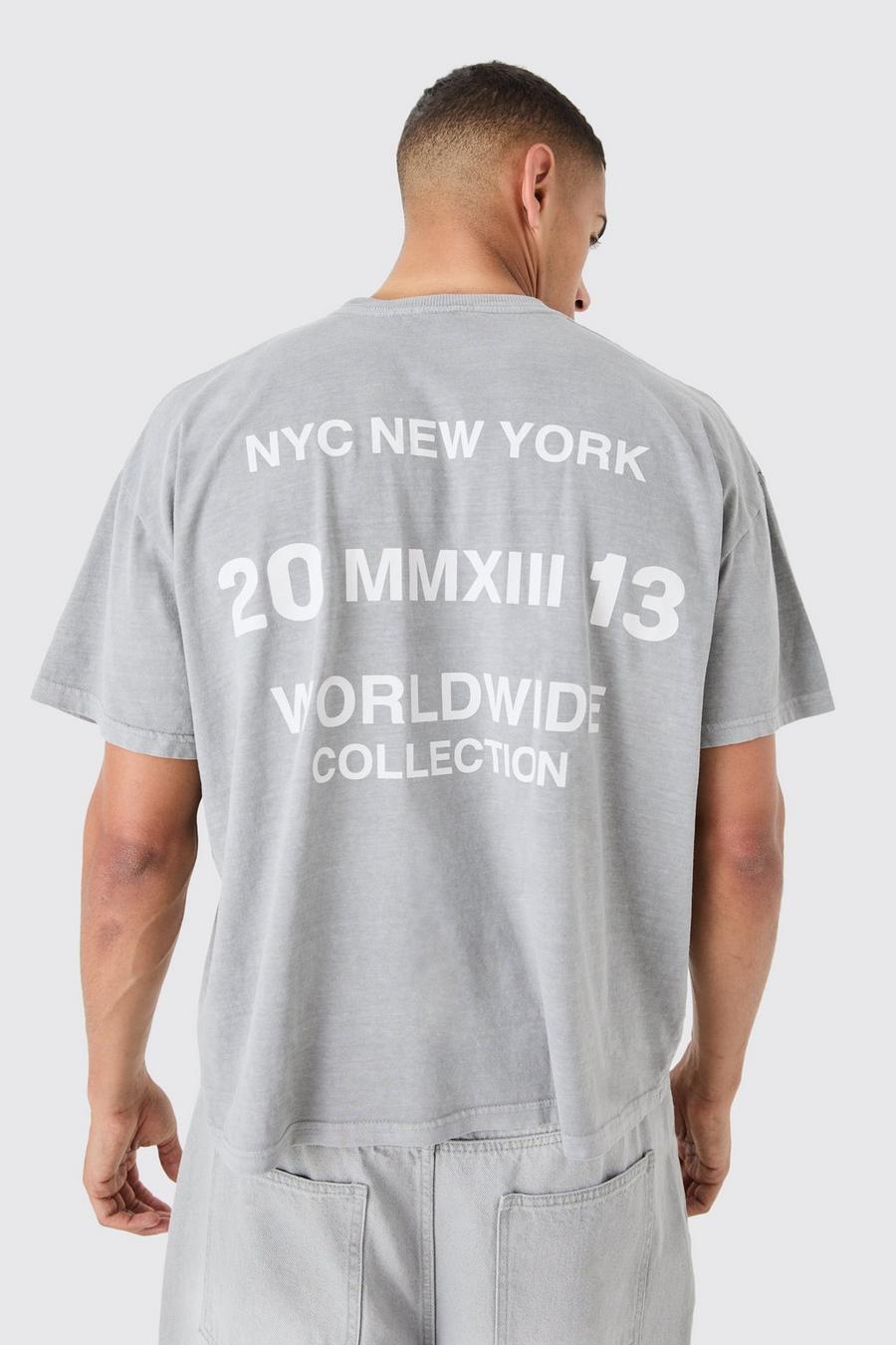 T-shirt squadrata oversize sovratinta con slogan slavato, Grey image number 1