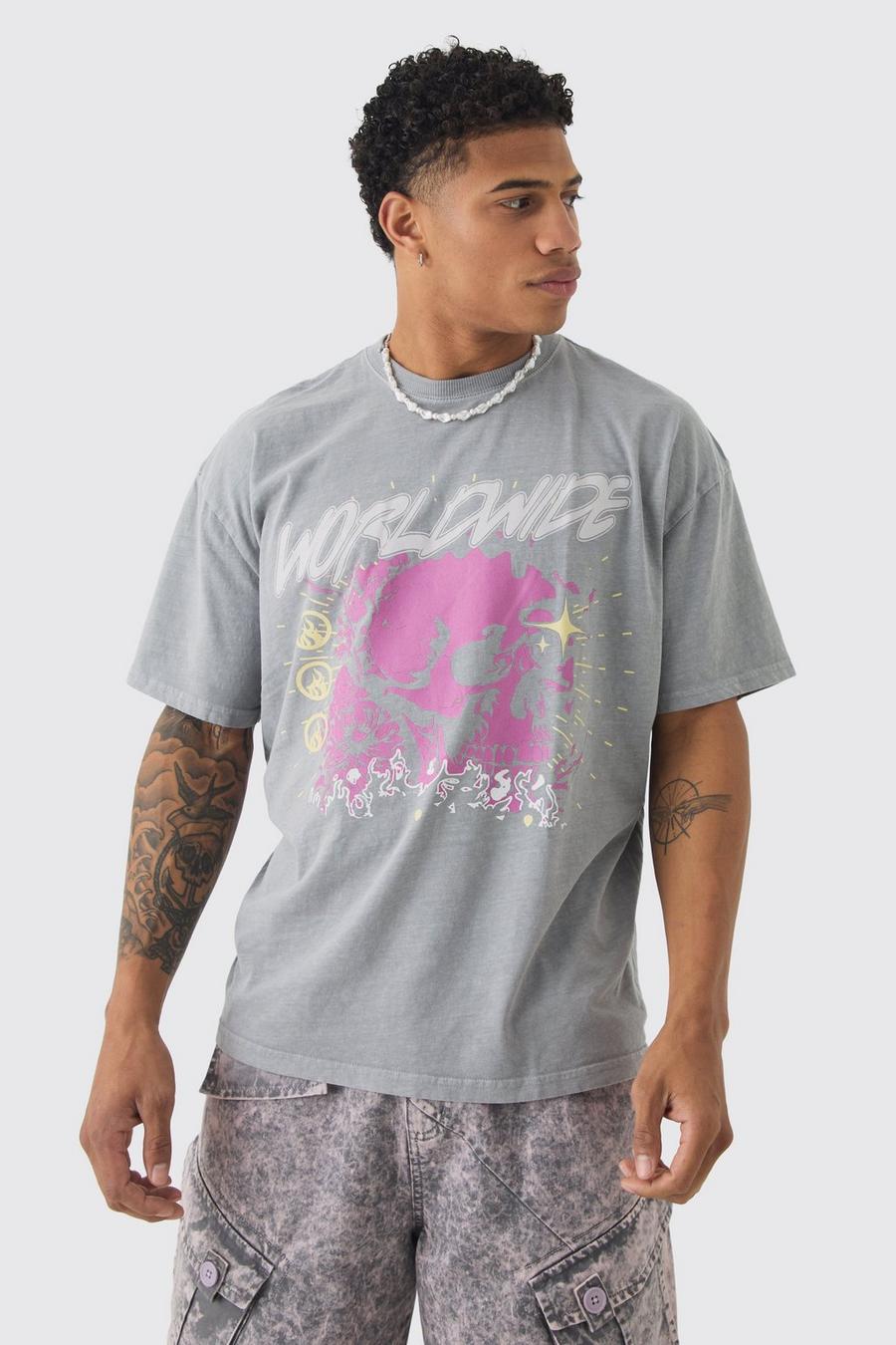 Camiseta oversize recta con estampado Worldwide de calavera desteñida, Grey image number 1