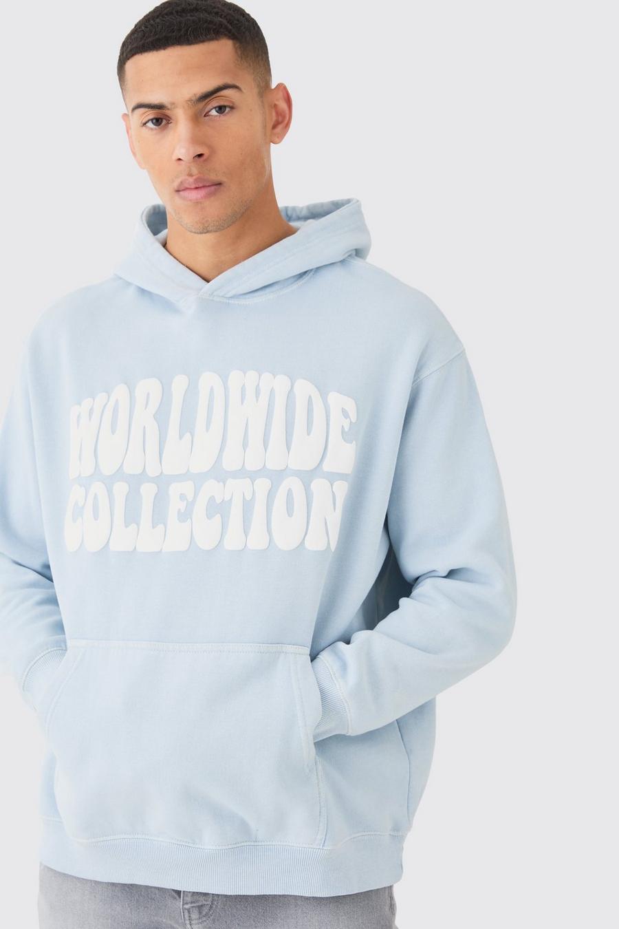 Sudadera con capucha y estampado Worldwide en relieve sobreteñido, Light blue