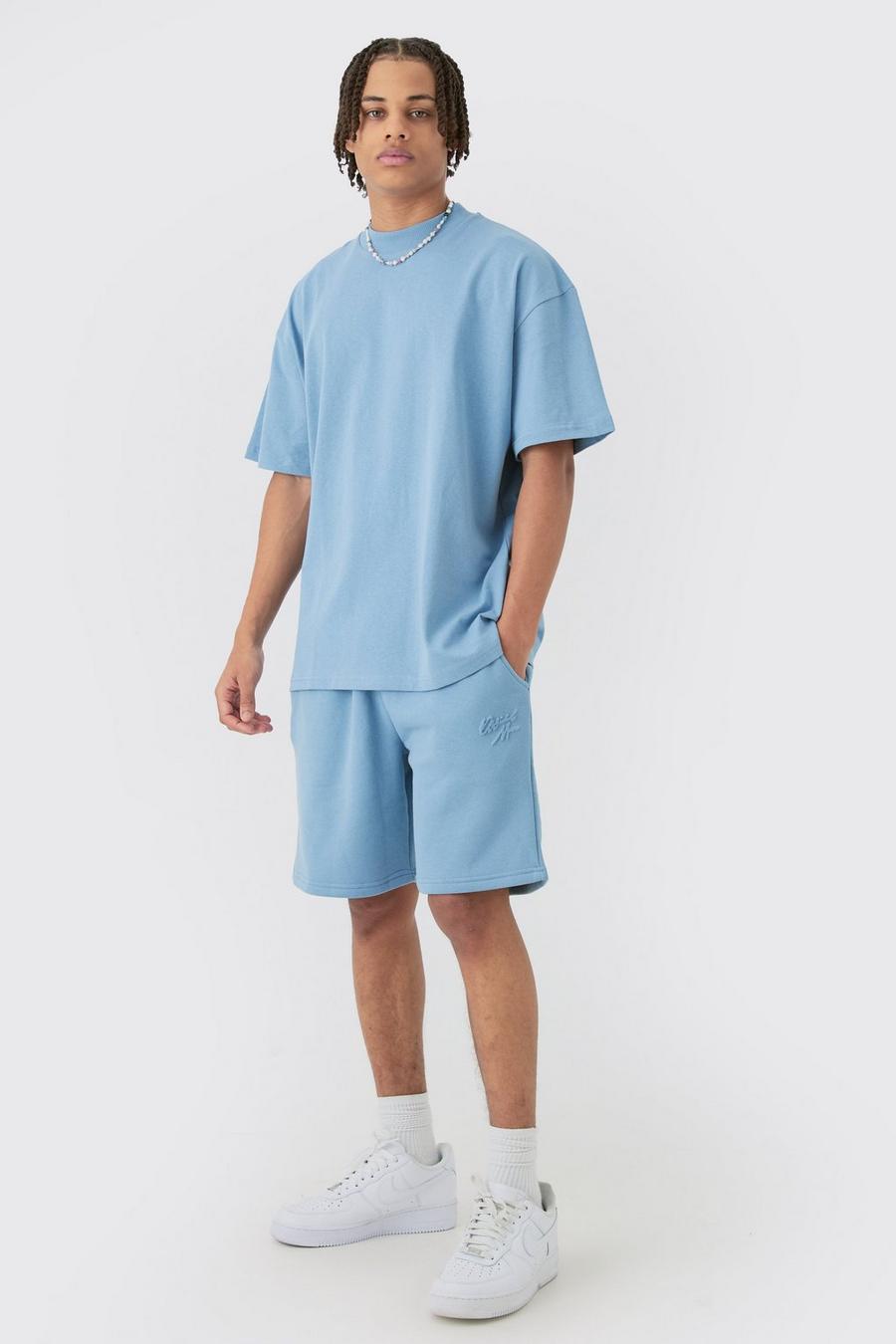 Denim-blue Oversized Extended Neck Official Man Embossed T-shirt & Short Set image number 1