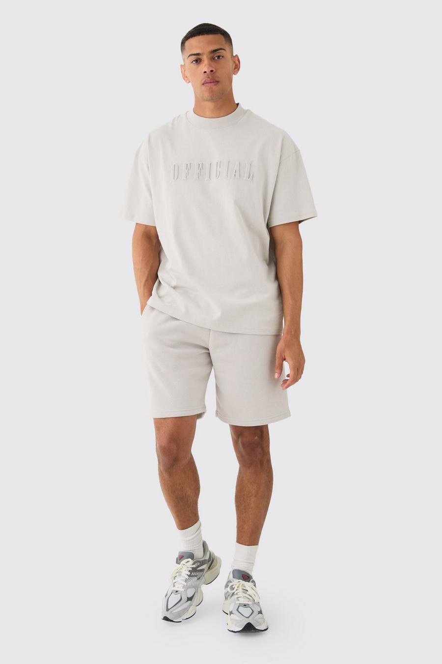 Light grey Oversized Extended Neck Official Embossed T-shirt & Short Set image number 1