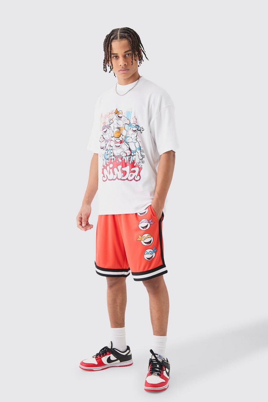 Oversize T-Shirt mit lizenziertem Ninja Turtles Print und Mesh Shorts, Red