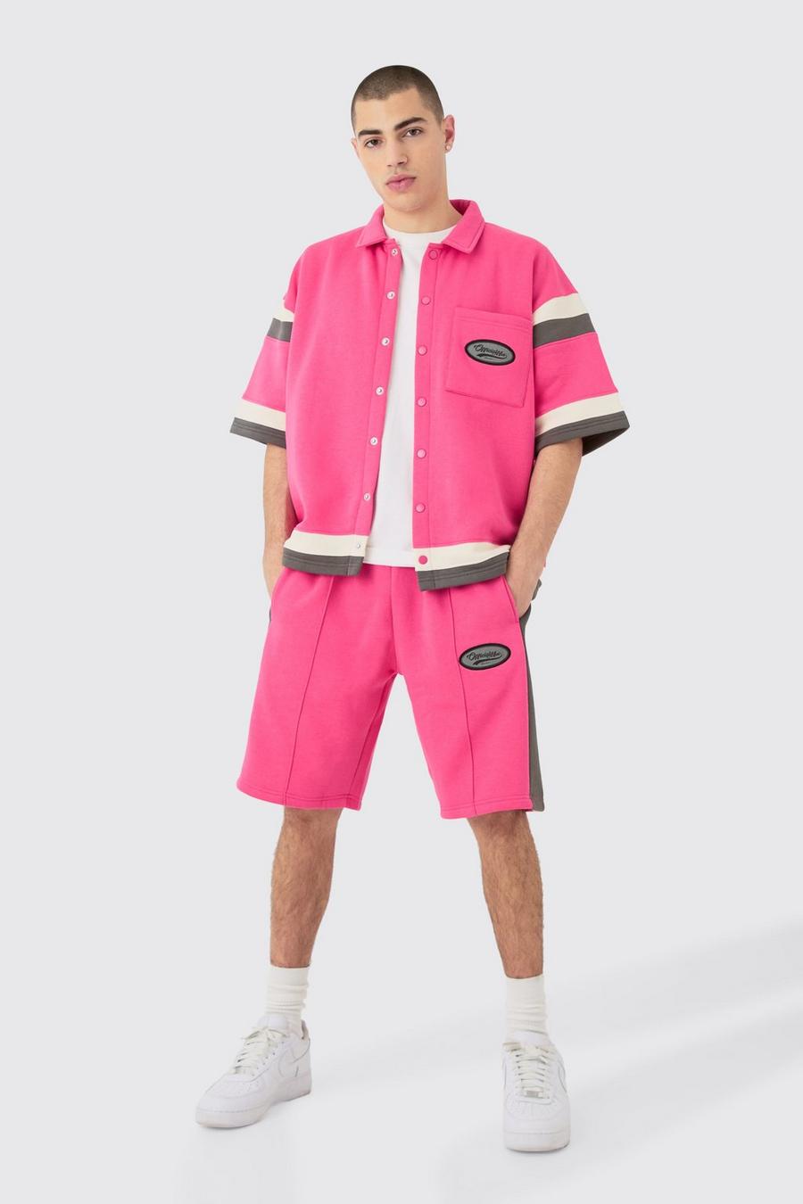 Pink Boxy Fit Varsity Shirt Short Tracksuit