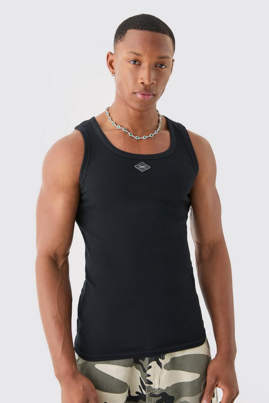 Black Ribbed Branded Muscle Fit Vest