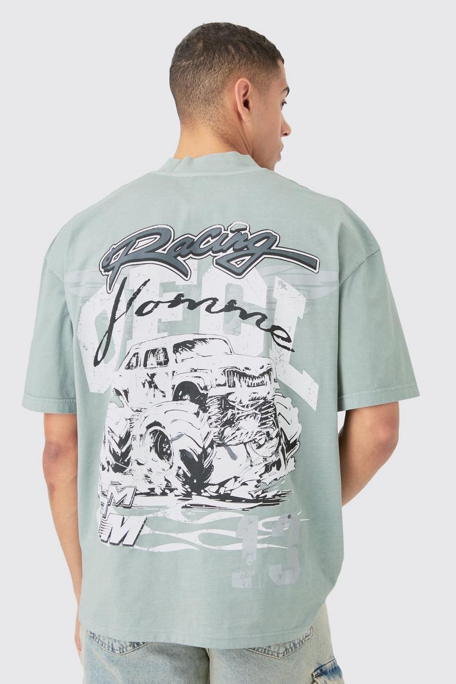 Grey Oversized Acid Wash Gebleekt Ofcl Racing T-Shirt Met Brede Nek